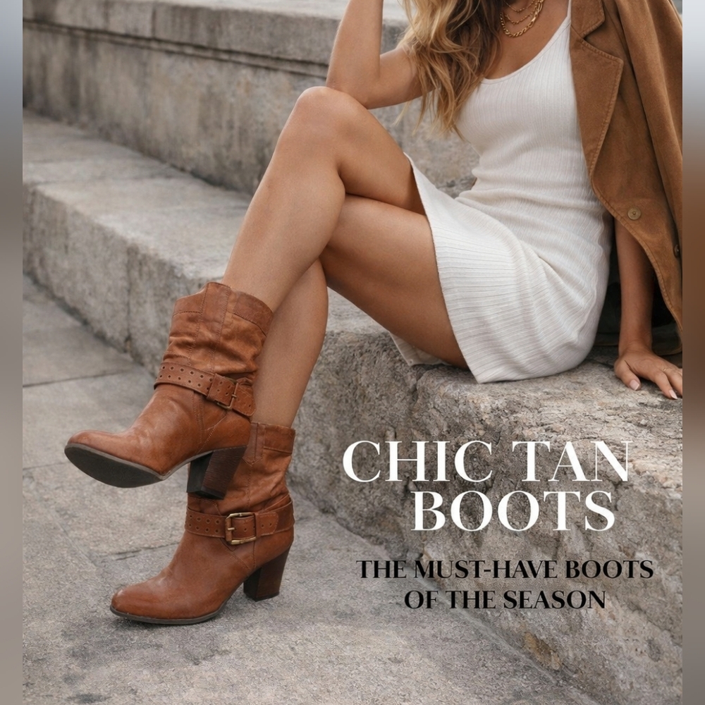 Cowgirl Elegant Tan Heeled Boots with Buckle Detail